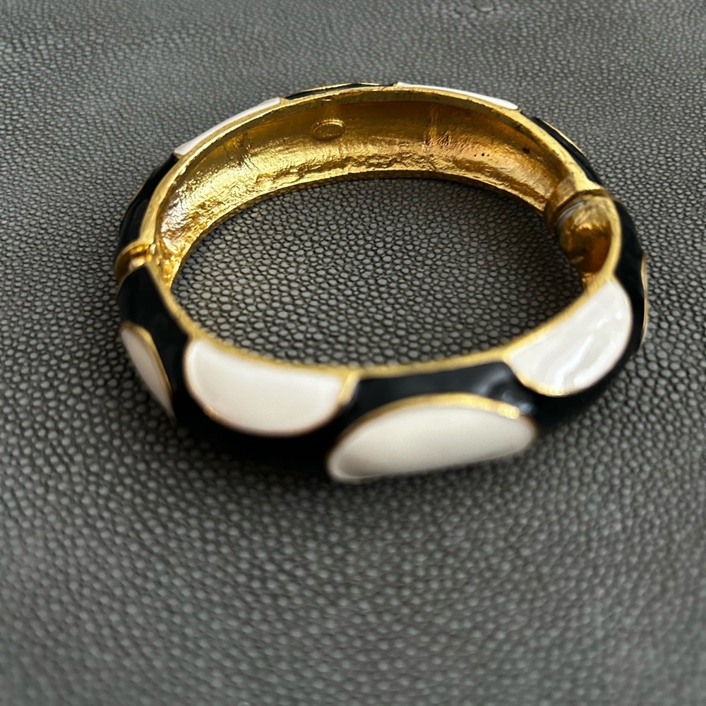 Gold-Tone Black and White Enamel Hinged Bangle Bracelet